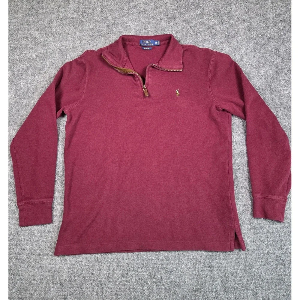 Polo Ralph Lauren Sweater Mens Medium‎ Quarter Zip Pullover Burgundy Rib Cotton